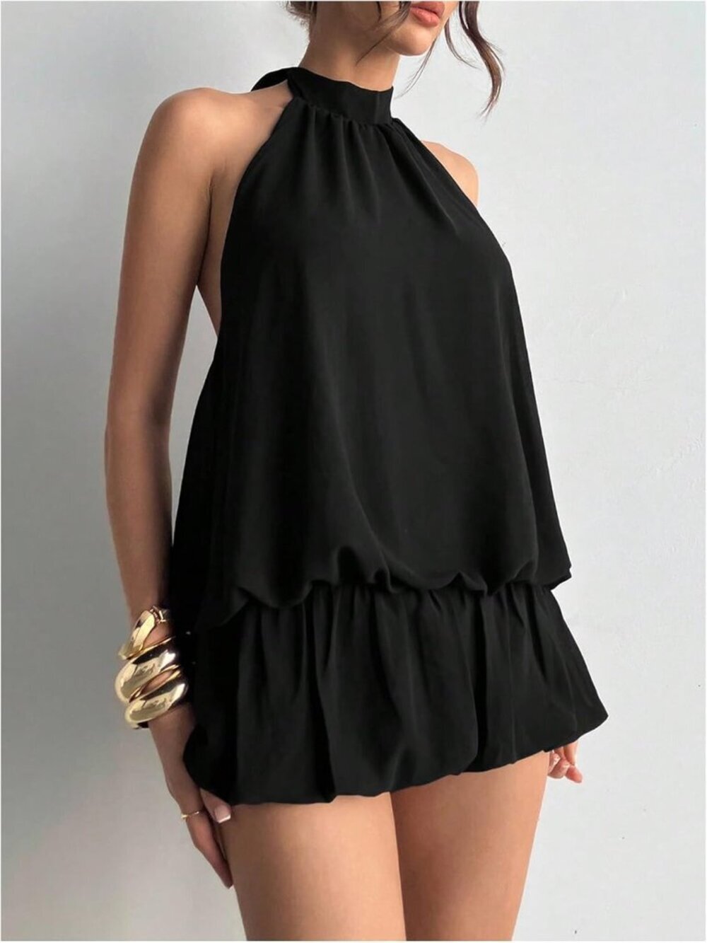 〽️Women's Black Tie Open Back Sleeveless Ruffle Hem Polyester Halter Dress